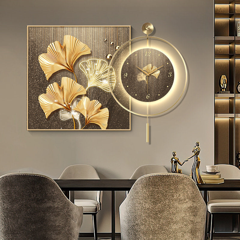 Modern Ginkgo Wall Clock 28 Inch, Gold Floral Wall Art with Black Metal Frame