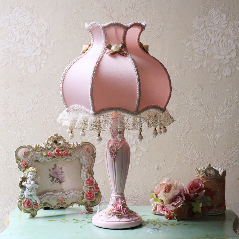 Pink Lace Table Lamp with White Wood Base, Fabric Shade and Button Switch