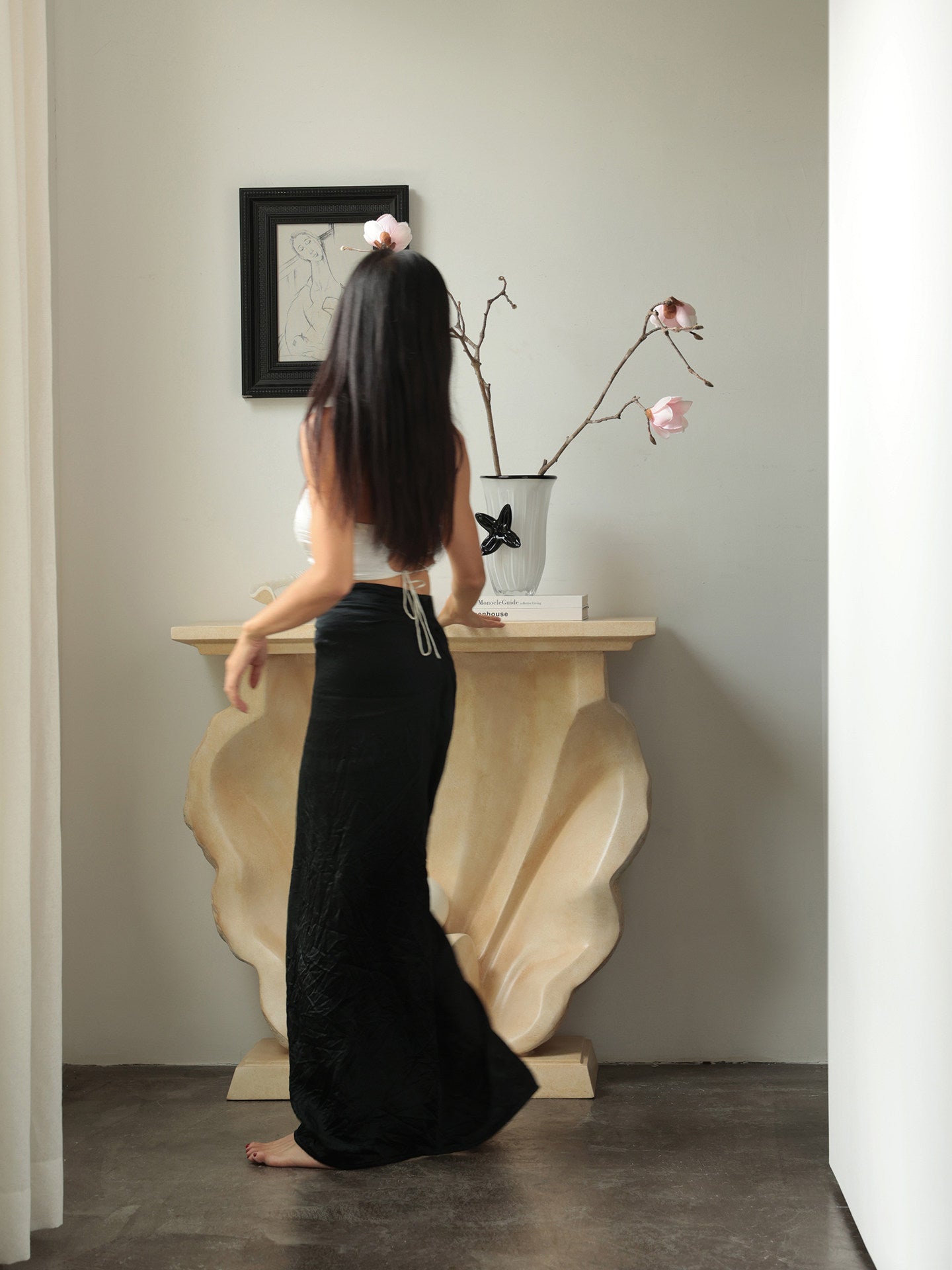Ivory Shell Console Table with Pearl Accent, Sculptural Entryway Table