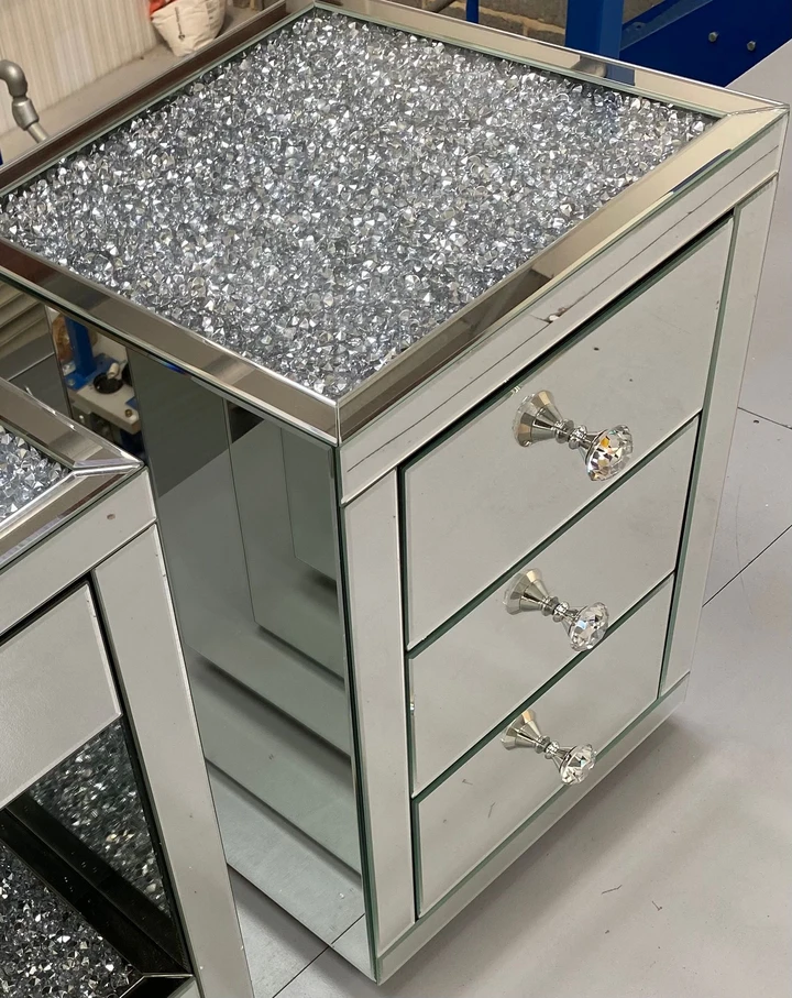 Silver Mirrored Nightstand with 3 Drawers and Crystal Inlay