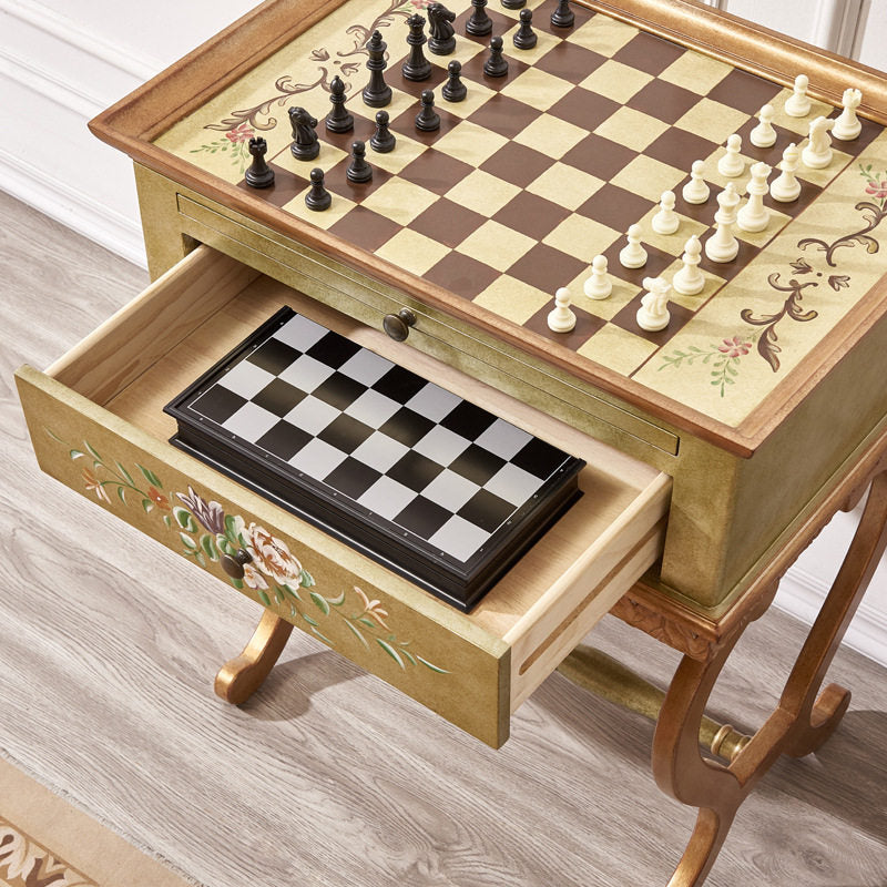 Vintage Painted Wood Chess Table with Drawer and Pull-Out Trays
