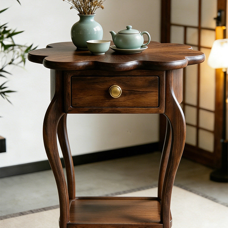 Ash Wood Flower Side Table with Drawer and Lower Shelf