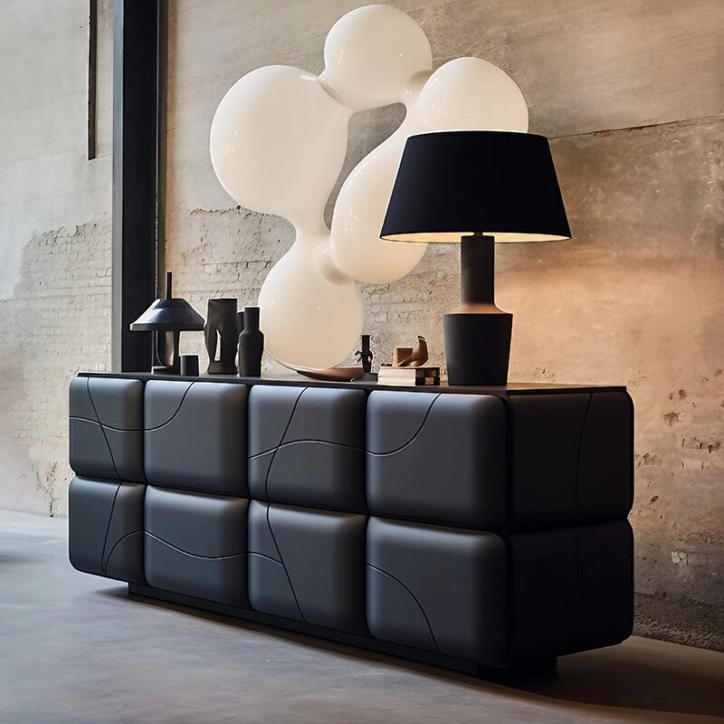 Black Modern Sideboard Cabinet, Luxury Storage Credenza with Rounded Raised Door Panels, Contemporary Buffet Cabinet for Dining Room, Living Room, Entryway, Hallway, Foyer