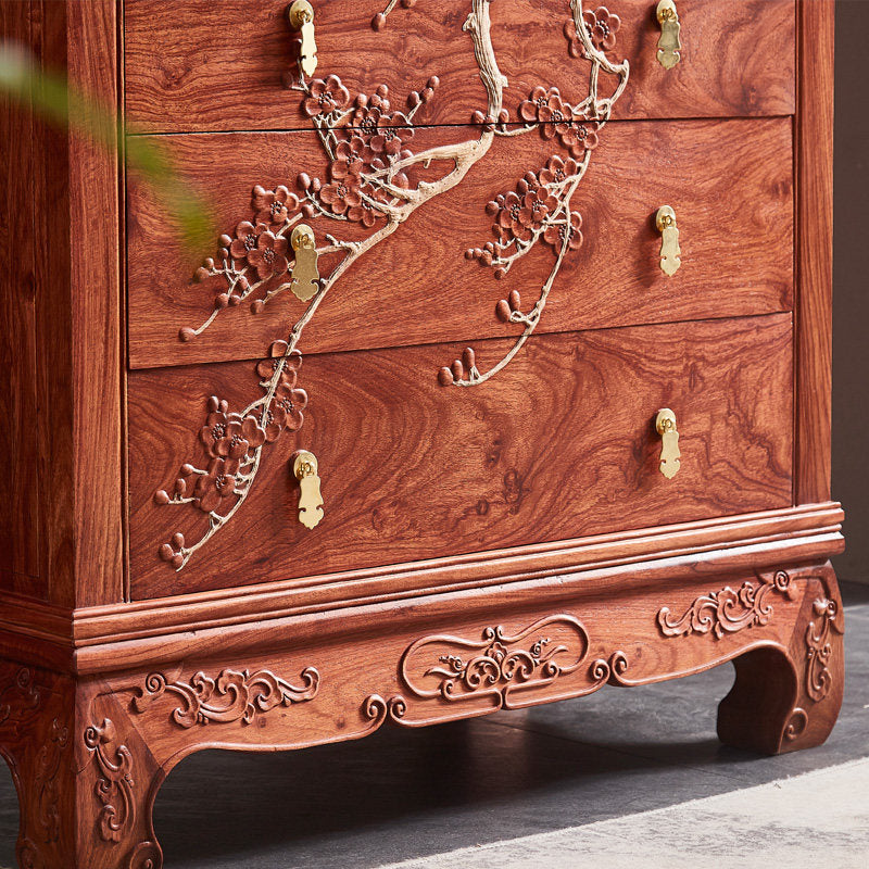 Tall Reddish Brown Solid Wood 5-Drawer Chest, Carved Floral and Bird Storage Dresser with Brass-Tone Pulls, Chinese-Inspired Accent Cabinet for Bedroom, Living Room, Entryway and Dining Room