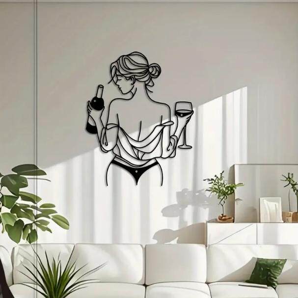 Black Metal Female Silhouette Wall Art, Minimalist Woman with Wine Bottle and Glass Line Art Wall Decor, Modern Metal Wall Hanging for Bedroom, Living Room, Dining Room, Bar