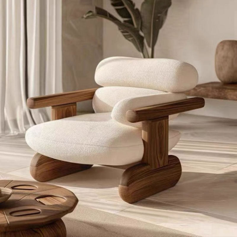 White Boucle Accent Chair with Solid Ash Wood Arms for Living Room