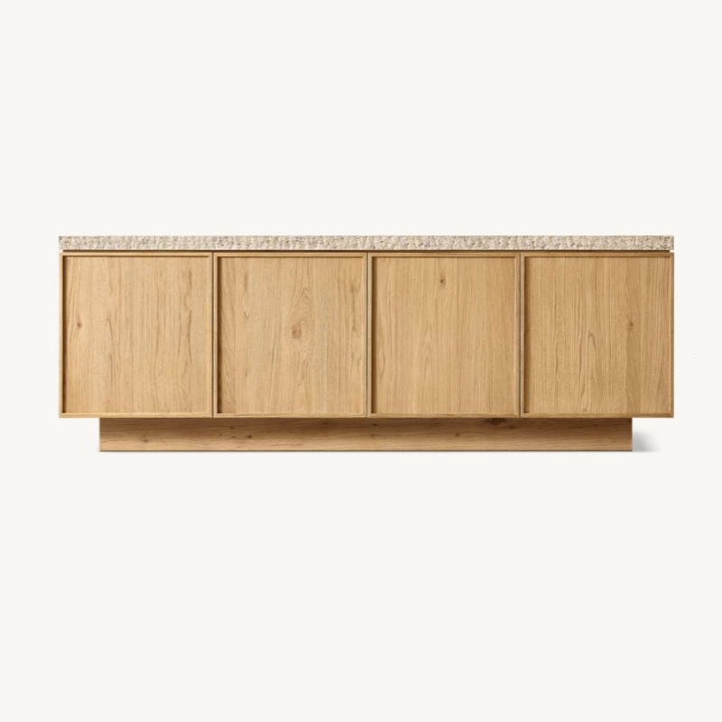 Travertine Top Sideboard Buffet Cabinet, Solid Wood 4-Door Storage Credenza, Modern Media Console TV Stand for Living Room, Dining Room, Entryway,