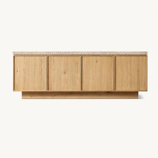 Travertine Top Sideboard Buffet Cabinet, Solid Wood 4-Door Storage Credenza, Modern Media Console TV Stand for Living Room, Dining Room, Entryway,