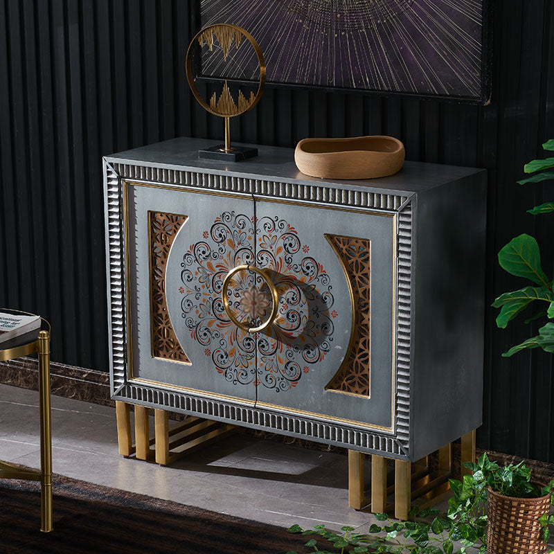 Distressed Silver 2-Door Accent Storage Cabinet, Ornate Floral Medallion Sideboard Buffet with Gold-Tone Ring Pull and Raised Legs for Entryway, Dining Room, Living Room or Hallway