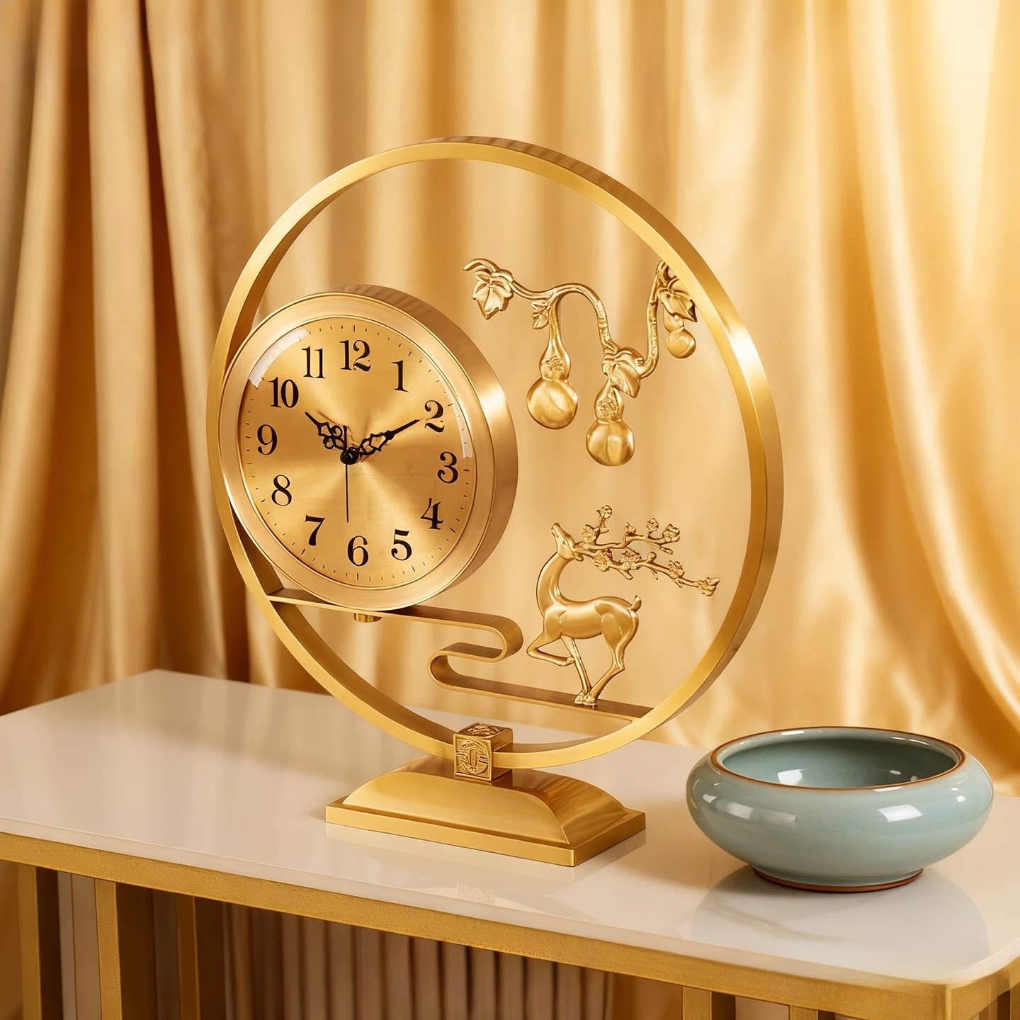 Modern Brass Table Clock with Deer &amp; Gourd Sculpture, Silent Analog Desk Clock, Decorative Metal Mantel Clock for Living Room, Office, Bookshelf, Console Table &amp; Home Décor, Gold Finish