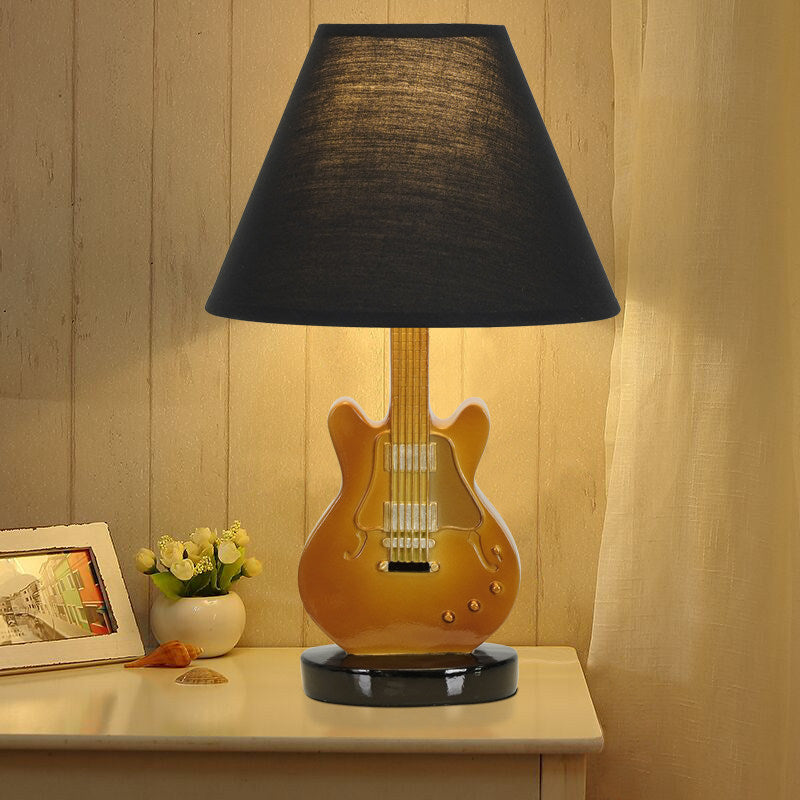 Guitar Table Lamp for Bedroom, Music Themed Bedside Lamp with Black Fabric Shade, Brown Guitar Base, Button Switch and US Plug for Kids Room, Nightstand, Hotel, Office and Studio Decor