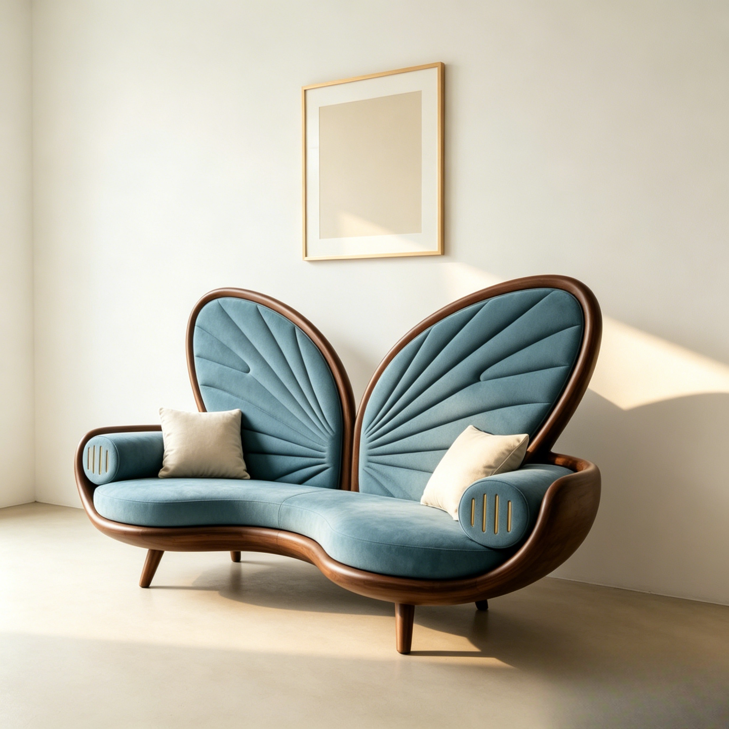 Blue Butterfly Back Ash Wood Loveseat with Accent Pillows