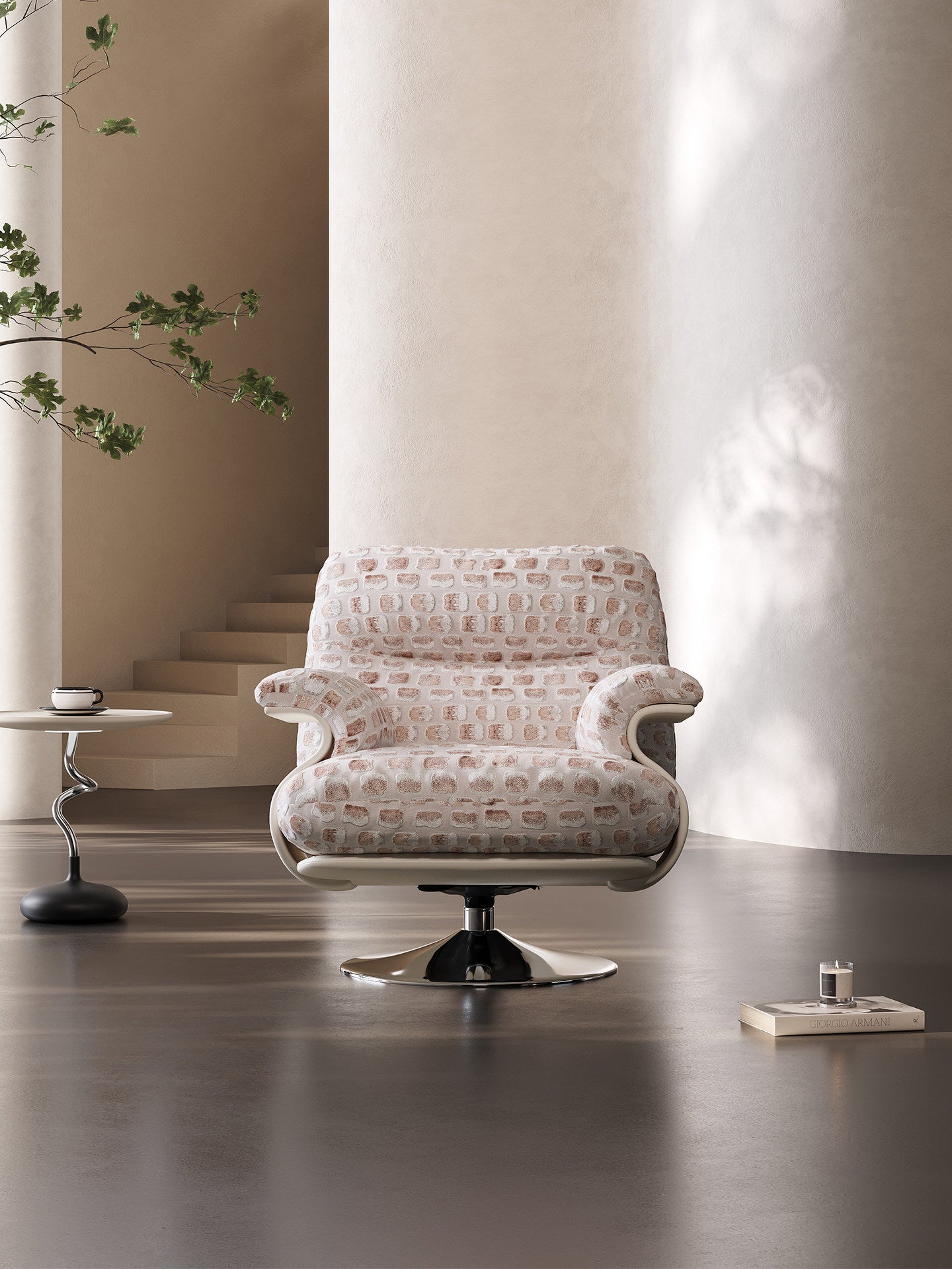 Modern Swivel Accent Chair with Ottoman, Upholstered Lounge Armchair and Footrest Set, High-Density Foam Reading Chair with Pedestal Base for Living Room, Bedroom and Office, Blush Beige