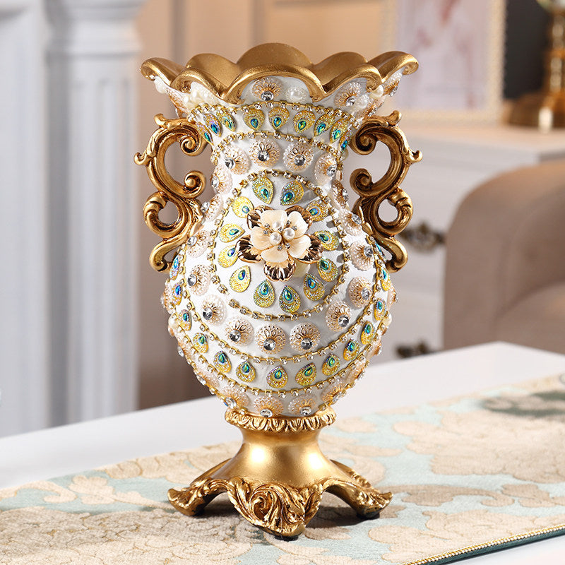 European Style Double Handle Decorative Vase, White and Gold Pedestal Flower Vase, Luxury Tabletop Centerpiece for Faux Flowers, Dried Arrangements, Living Room, Dining Table, Entryway Decor
