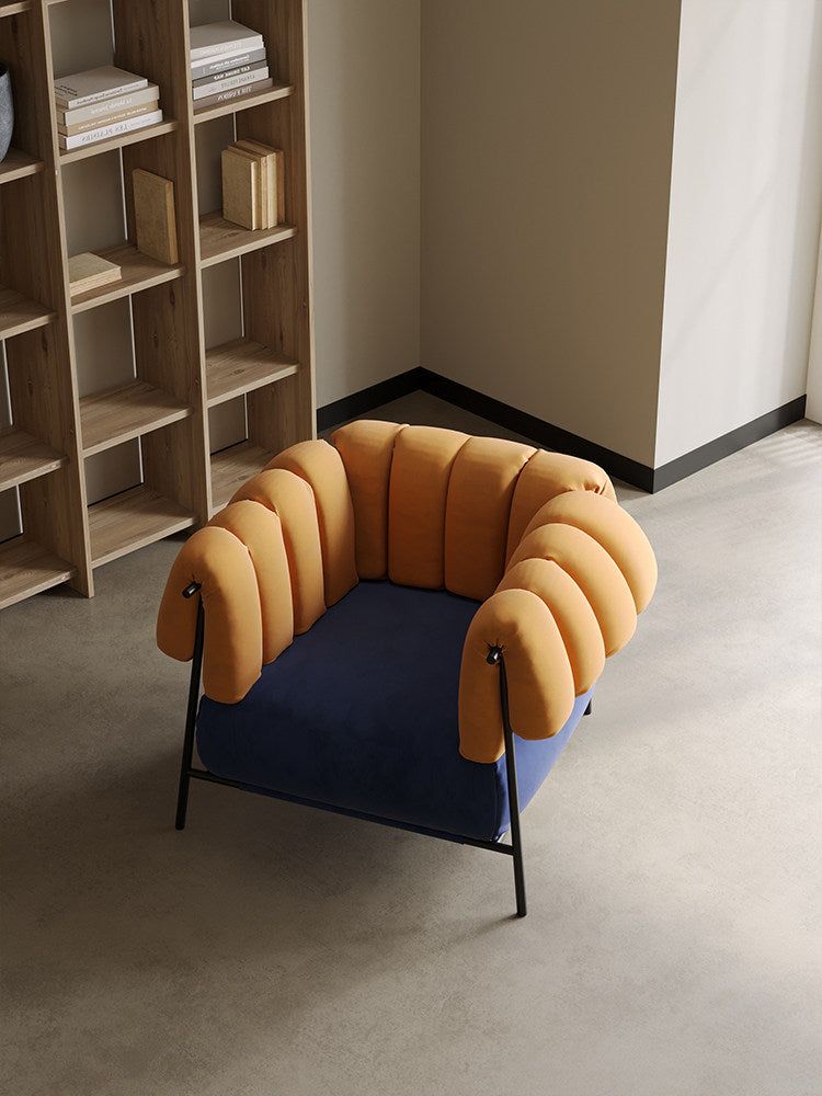 Orange Velvet and Blue Velvet Accent Armchair with Channel Tufted Wraparound Back, Carbon Steel Frame, Modern Retro Lounge Chair for Living Room, Bedroom, Balcony, Hotel and Reading Nook