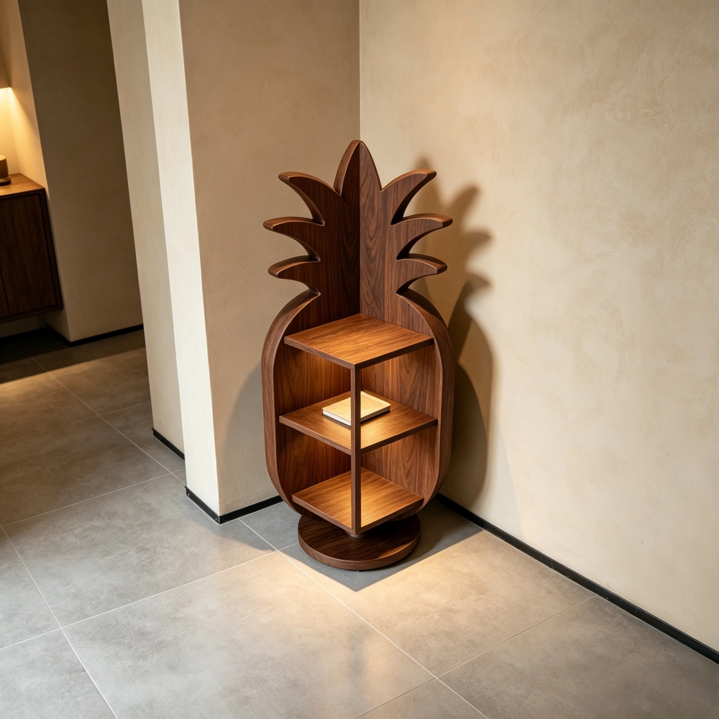 Pineapple Corner Shelf with LED Lighting, Ash Wood Display Storage Cabinet