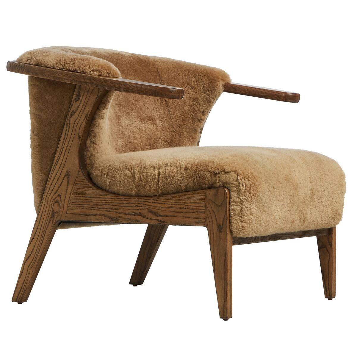 Tan Sherpa Accent Chair with Solid Wood Frame, Cozy Upholstered Lounge Chair, Modern Rustic Armchair with Rounded Backrest for Living Room, Bedroom, Reading Nook, Hotel and Study