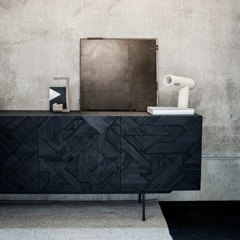 Black Solid Wood Sideboard Buffet Cabinet, Carved Geometric Front Credenza with Concealed Storage and Slim Metal Legs for Dining Room, Living Room, Entryway or Hallway
