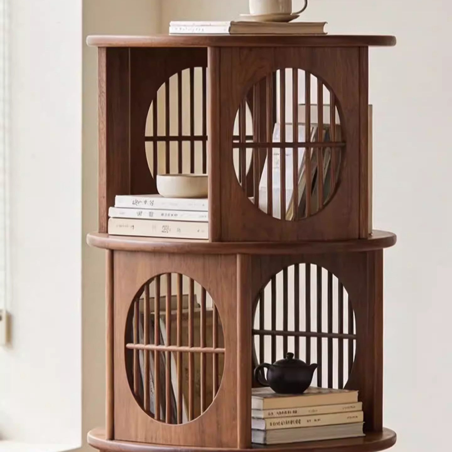 Solid Ash Wood Rotating Bookshelf, 3-Tier Round Display Shelf