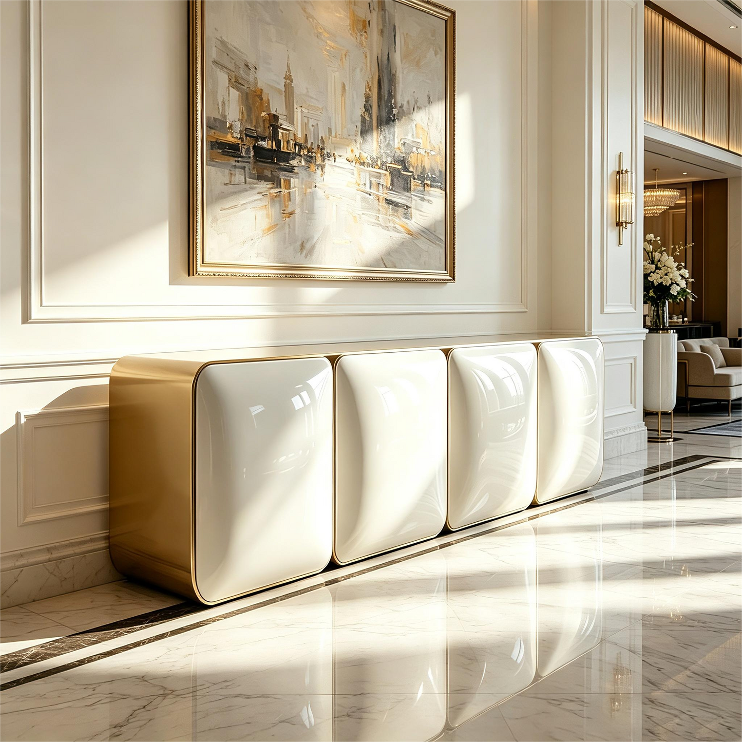 Cream and Gold Modern Luxury Sideboard Cabinet, Italian Style 4 Door Buffet Storage Cabinet with Glossy Curved Fronts, Dining Room Credenza for Living Room, Entryway, Hallway, and Restaurant Storage
