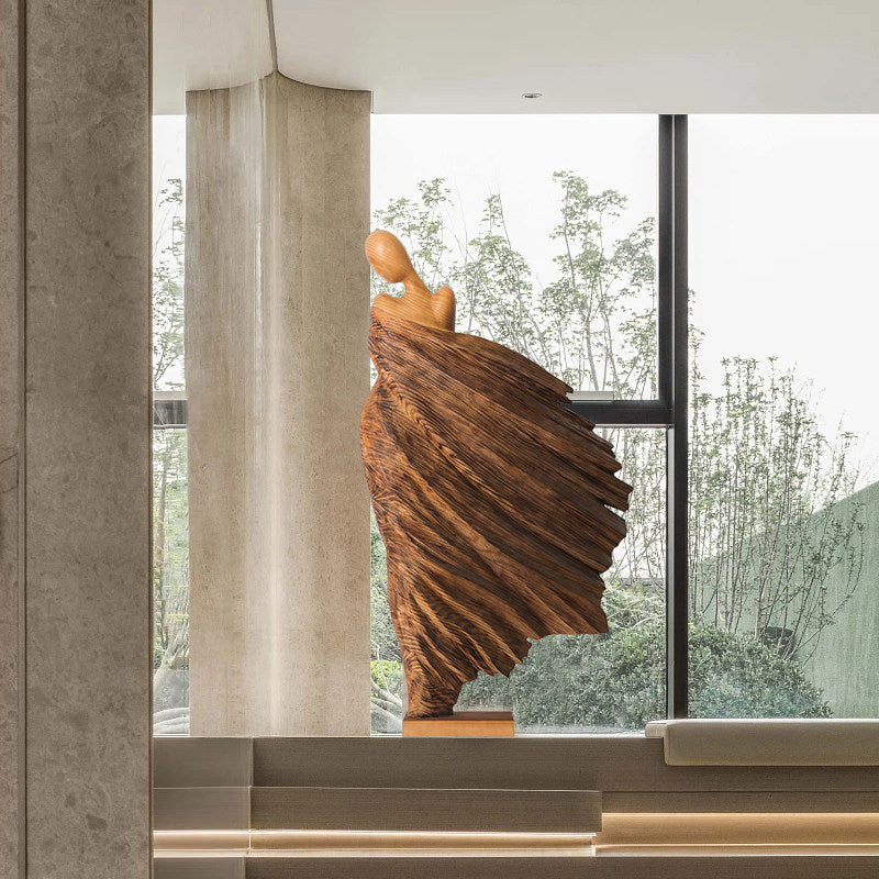 Large Abstract Female Wood Floor Sculpture, Tall Flowing Figurative Statue, Hand Carved Wooden Art Decor for Hotel Lobby, Villa, Clubhouse, Entryway, Living Room and Gallery