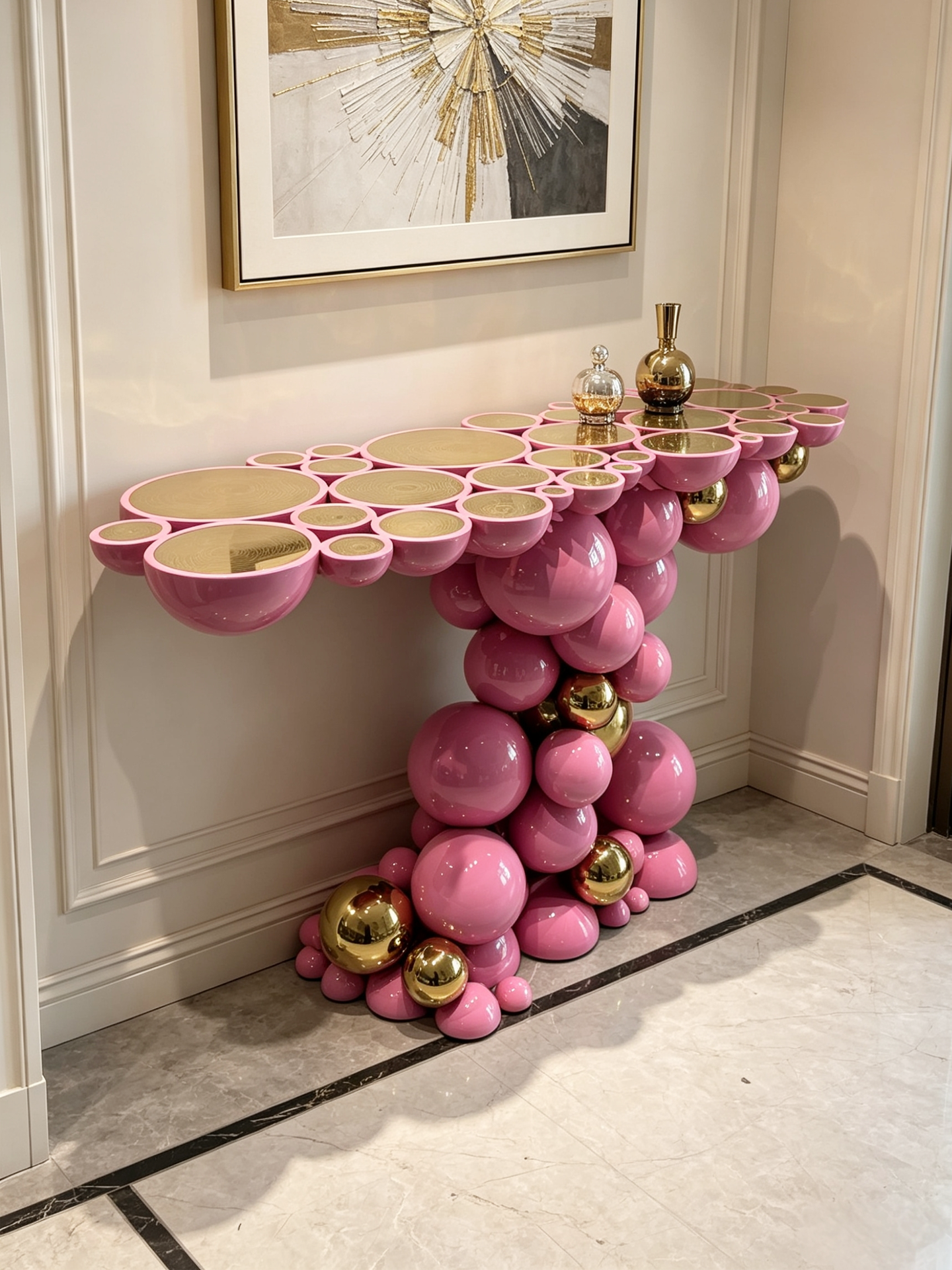 Pink and Gold Bubble Console Table, Sculptural Sphere Entryway Table, Modern Luxury Accent Console for Foyer, Hallway, Living Room, Hotel Lobby and Home Decor
