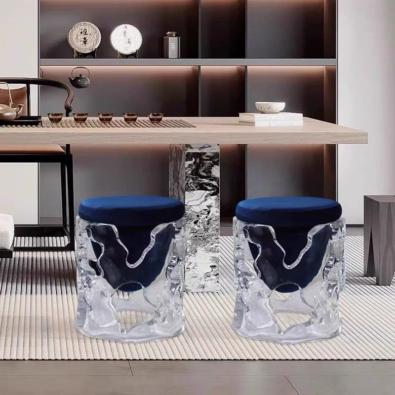 Clear Resin Accent Stool with Navy Blue Cushioned Seat, Sculptural Transparent Round Ottoman with Abstract Cutout Base for Living Room, Tea Room, Bedroom, Vanity and Reading Corner