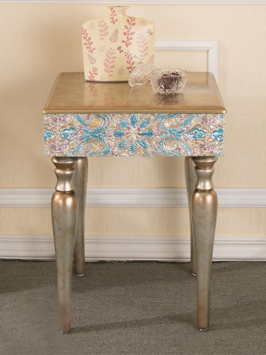 Neoclassical Floral Side Table with Carved Apron and Turned Wood Legs, 19.7 Inch Square Accent Table for Living Room, Bedroom, Entryway and Sofa Side
