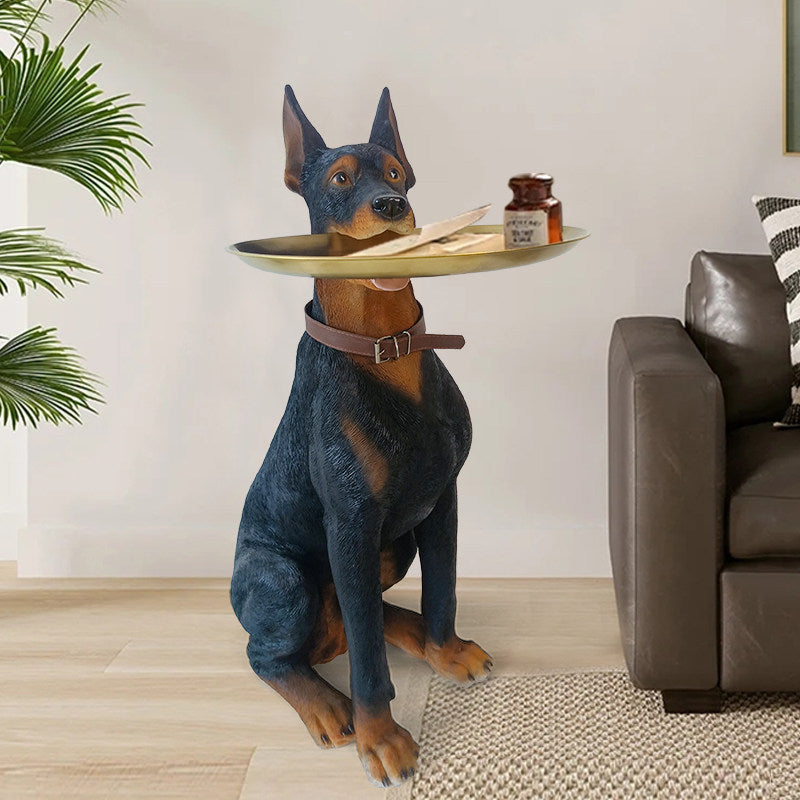 Doberman Dog Statue Tray Holder, Large Resin Dog Floor Decor with Gold Round Tray, Luxury Entryway Storage Stand for Living Room, Hallway, TV Cabinet and Housewarming Gift