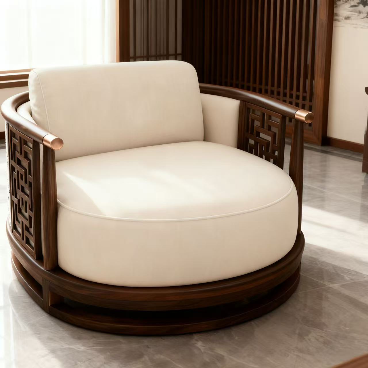White Upholstered Ash Wood Barrel Accent Chair with Openwork Arms