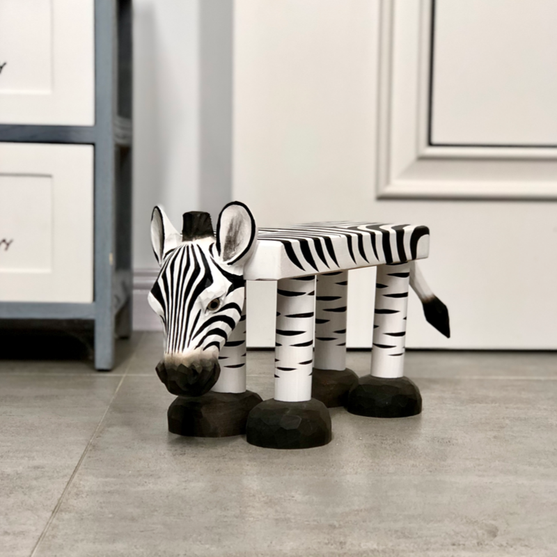 Natural Solid Wood Zebra Kids Stool, Carved Animal Seat