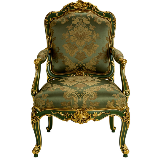 Green Floral Upholstered Accent Chair, French Style Carved Solid Wood Armchair with Gold Finish Frame, Luxury Dining Chair for Living Room, Bedroom, Office, Balcony, Reading Nook