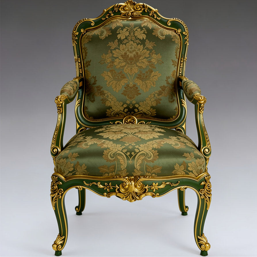 Green Floral Upholstered Accent Chair, French Style Carved Solid Wood Armchair with Gold Finish Frame, Luxury Dining Chair for Living Room, Bedroom, Office, Balcony, Reading Nook
