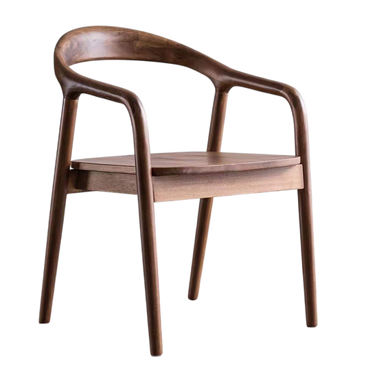 Modern Walnut Wood Dining Chair, Solid Wood Armchair with Curved Backrest, Minimalist Accent Chair for Dining Room, Kitchen, Living Room, Office, Study