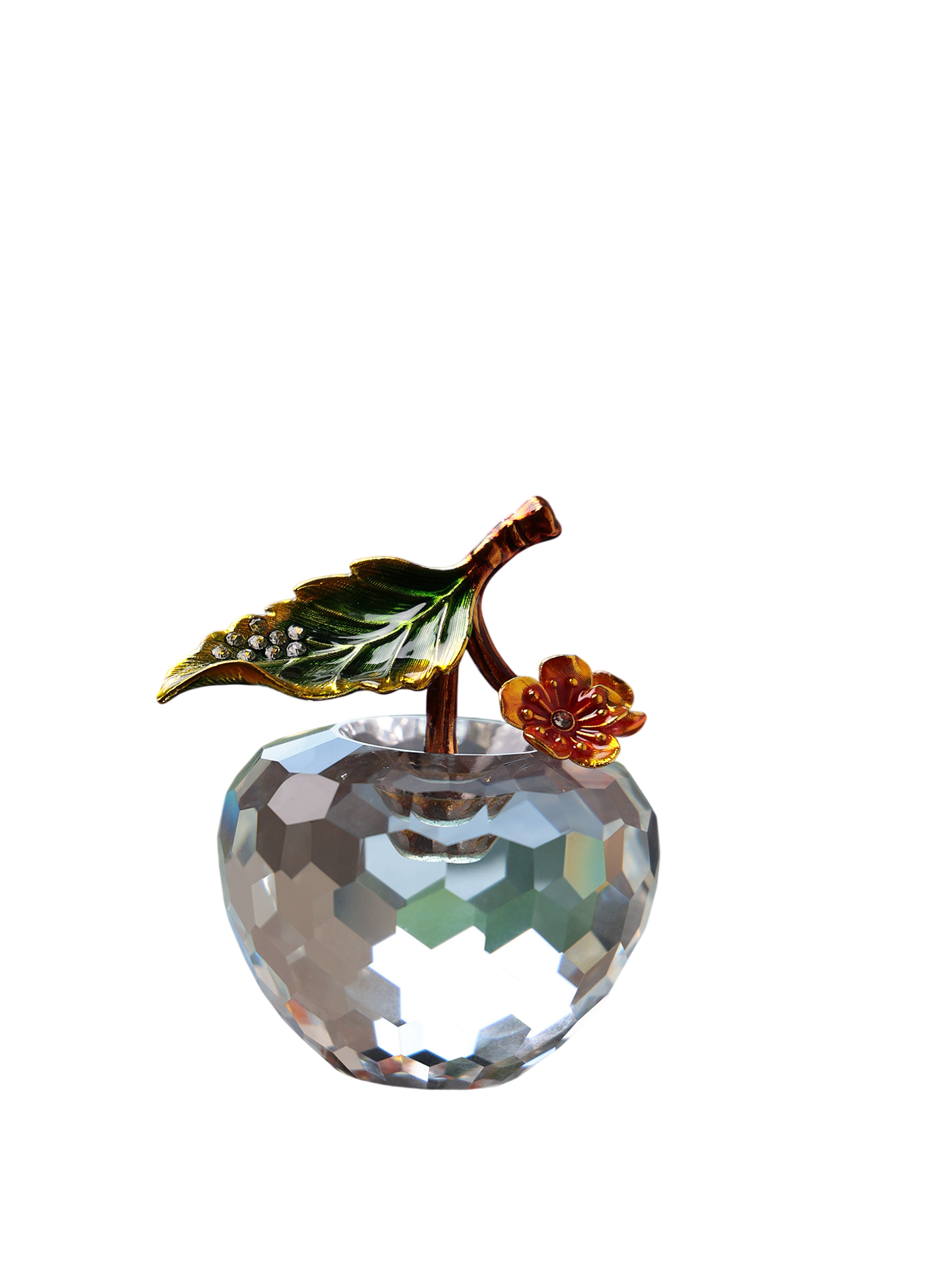 Crystal Apple Figurine with Enameled Leaf, Decorative Glass Paperweight