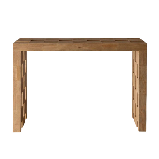 Solid Wood Console Table, 55 Inch Narrow Entryway Table with Geometric Open Base, Natural Wood Sofa Table for Hallway, Foyer, Living Room, Behind Couch, Entry Decor