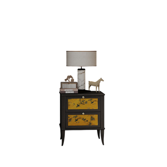 Black Solid Pine Wood Nightstand with 2 Drawers, 17.7-Inch Bedside Table with Mustard Yellow Botanical Panels, Gold-Tone Knobs and Tapered Legs for Bedroom or Living Room