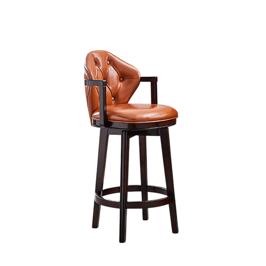 Orange Top-Grain Leather Swivel Counter Stool, Solid Wood Frame