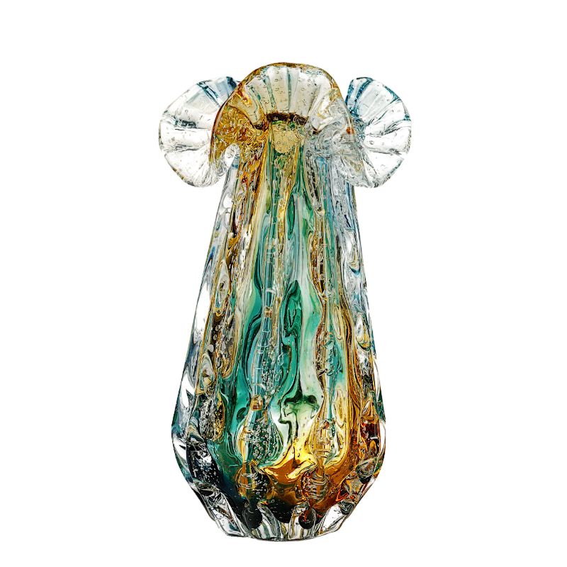 Blue and Amber Art Glass Vase with Ruffled Rim for Flowers