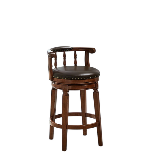 Brown Leather Counter Stool, Solid Wood Bar Chair with Arms
