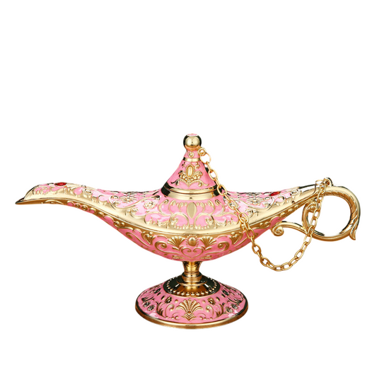 Pink Gold Vintage Genie Lamp Decor, Ornate Metal Wishing Lamp Figurine with Chain Handle, Decorative Arabian Style Tabletop Accent for Living Room, Bookshelf, Study, Bedroom, Party Display