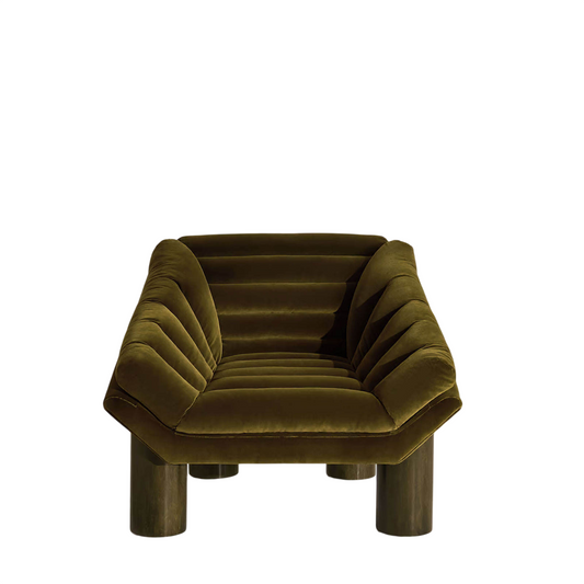 Olive Green Velvet Accent Chair with Channel Tufting and Wood Legs