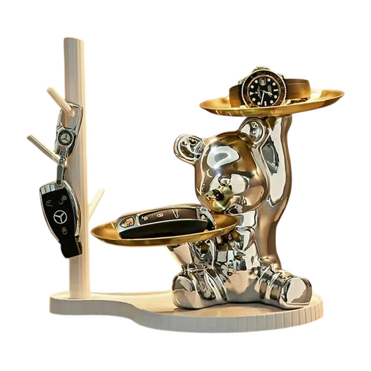 Silver Ceramic Bear Key Holder with 2 Trays and White Rack
