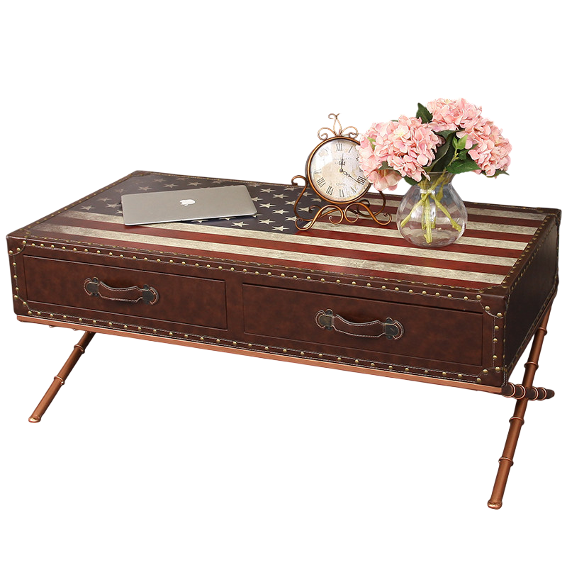 Vintage American Flag Coffee Table with Storage Drawers, Rustic Industrial Rectangular Wood Cocktail Table, Loft Style Living Room Center Table with Nailhead Trim and Metal Legs