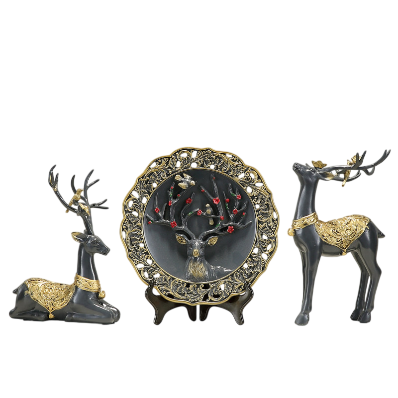 3-Piece Black and Gold Deer Figurine Set with Decorative Plate Accent