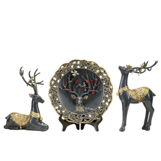 3-Piece Black and Gold Deer Figurine Set with Decorative Plate Accent