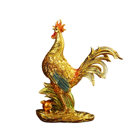 Gold Rooster Figurine, Large Decorative Rooster Statue, Gold-Tone Tabletop Chicken Sculpture with Colorful Feather Details, Lucky Rooster Decor for Living Room, Office, Entryway, Housewarming Gift