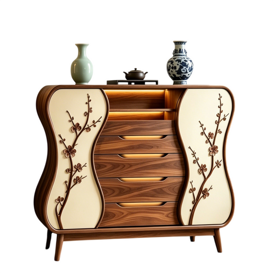 Ash Wood 5-Drawer Dresser with Floral Panels and Open Shelf