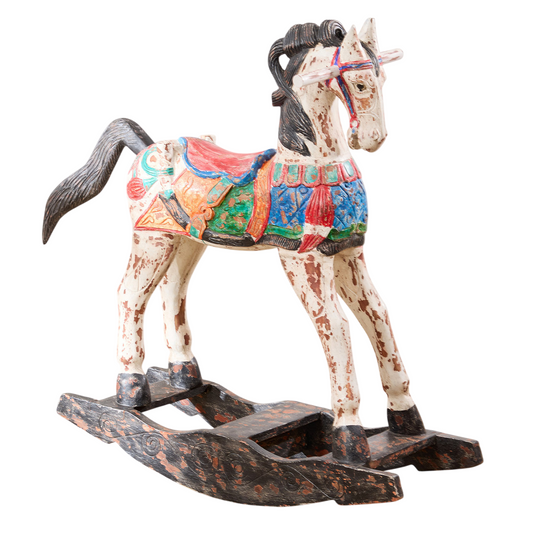 Large Hand Painted Wooden Rocking Horse, Vintage Distressed Rocker Horse with Colorful Saddle, Decorative Ride-On Horse Accent for Nursery, Kids Room, Playroom, Photo Prop, and Vintage Home Decor