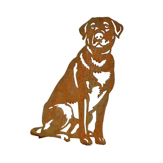 Rustic Metal Labrador Dog Memorial Garden Stake, Sitting Dog Silhouette Yard Art, Weathered Pet Remembrance Marker for Lawn, Grass, Patio, Flower Bed, Outdoor Decor